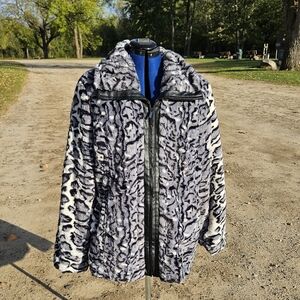 Dennis Basso Faux Fur Jacket XL Gray Black Animal Print Zip Front Luxe Winter Co